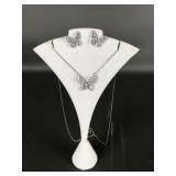 Sterling Silver Butterfly Stud Earrings & Necklace
