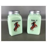 Vtg Jadeite Glass Cowgirl Salt & Pepper Shakers