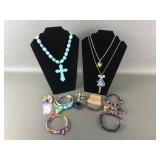 Turquoise Colored Cross Necklace & Bracelet + More