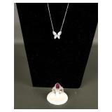 Sterling Silver Butterfly Necklace & Cocktail Ring