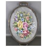 Antique Oval Floral Needlepoint Tray