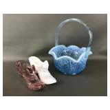 Vtg Blue Opalescent Pressed Glass Basket & More