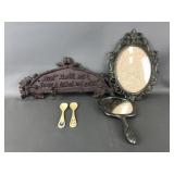 Vtg Cast-iorn Bathroom Wall Sign & Rack