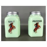 Vtg Jadeite Glass Cowgirl Salt & Pepper Shakers