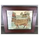 Signed Folk Art Cow Painting In Rustic Frame