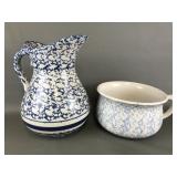 Antique Blue & White Spongeware Pitcher & Handled