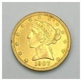 1907 Five Dollar ($5) Half Eagle 90% Gold Coin