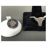Vtg Sterling Silver Longhorn Pin & Aztec Design