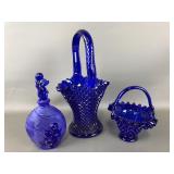 Vintage Cobalt Blue Glass Hobnail Baskets & Angel