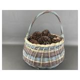 Vintge Woven Basket With Natural Pine Cones