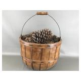 Vtg Rustic Wooden Stave Basket W Pine Cones