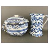 Antique Blue & White Spongeware Lidded Vessel &