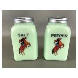 Vtg Jadeite Glass Cowgirl Salt & Pepper Shakers