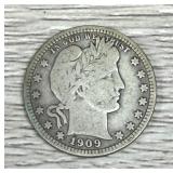 1909 Barber Quarter 90% Silver Coin