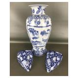 Vintage Blue & White Porcelain Vase & Wall Pockets