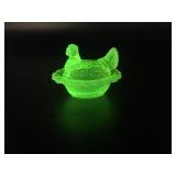 Vtg Uranium Glass Mini Hen On Nest