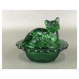Vintage Green Art Glass Mini Cat On Nest