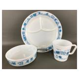 Vtg Pyrex Milk Glass Whimsical Blue Train Pattern