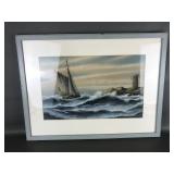 Vtg Seascape Ship & Lighthouse Oil Pastels?