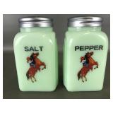 Vtg Jadeite Glass Cowgirl Salt & Pepper Shakers