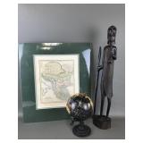 Antique Wooden African Statue, Mini Globe &