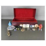 Velvet Lined Jewelry Box, Wooden Nickel & Trinkets