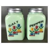 Vtg Jadeite Glass Flower Salt & Pepper Shakers