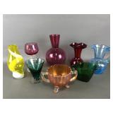 Marigold Carnival Glass Bowl, Artisan Bud Vase &