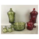 Fosteria Olive Green And Ruby Red Glassware