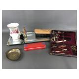 Vtg Mirrored Vanity Tray, Marine Band Harmonica &