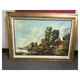 Vintage European Riverside Framed Oil Painting