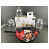 12in Cast Iron Pan & Glass Canister Set & More