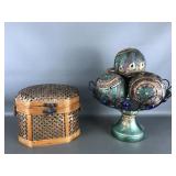 Woven Bamboo & Metal Basket & Peacock Ball Center-