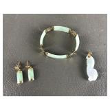 14k Gold Tested Jade Bracelet, Earrings, & Pendant