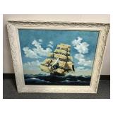 Vtg Framed Nautical Painting Clipper Ship In Sea