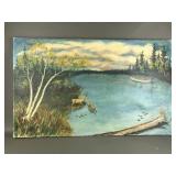 Vintage Nailed Canvas Buck Landscape Painting