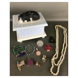 Carved Wooden Cat Trinket Box W Costume Jewelry