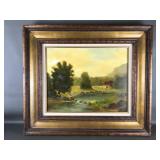 Vintage Framed Landscape Oil Painting By  J.