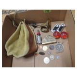 Misc Box Lot Brass Horn Leather Bag Coins Etc