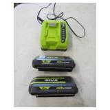 RYOBI 40V CHARGER AND 2 BATTERIES