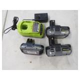 RYOBI 18V CHARGER AND 3 BATTERY