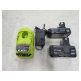 RYOBI 18V CHARGER AND 2 BATTERY