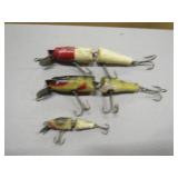 3 Vintage Fishing Lure Wood Jointed Glass Eye