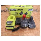 RYOBI CHARGER AND 2 18V BATTERY