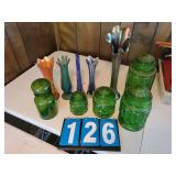 carnival glass vases and green glass jars
