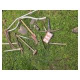 yard tool lot sledghammer sythe