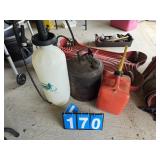 sprayer and 2 gas cans