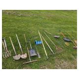 shovels hoes rake lot yard tools