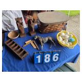 horse book ends eggs wood box picnic basket