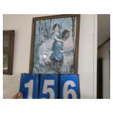 antique frame with print woman with cow &pitcher